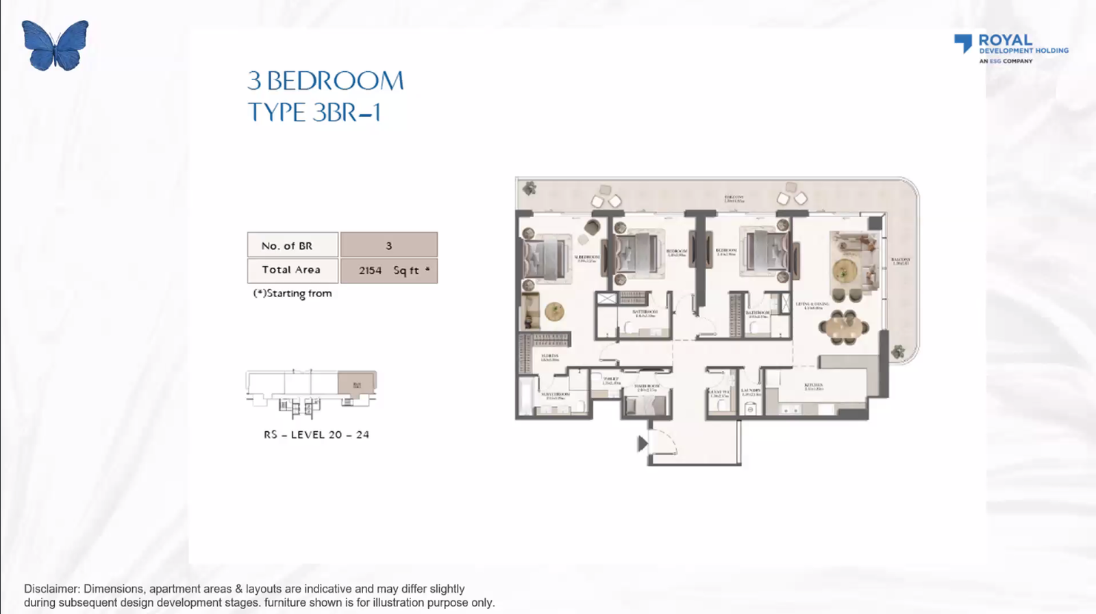 3 bedroom residence layout at Rotana Residences Abu Dhabi on Al Reem Island