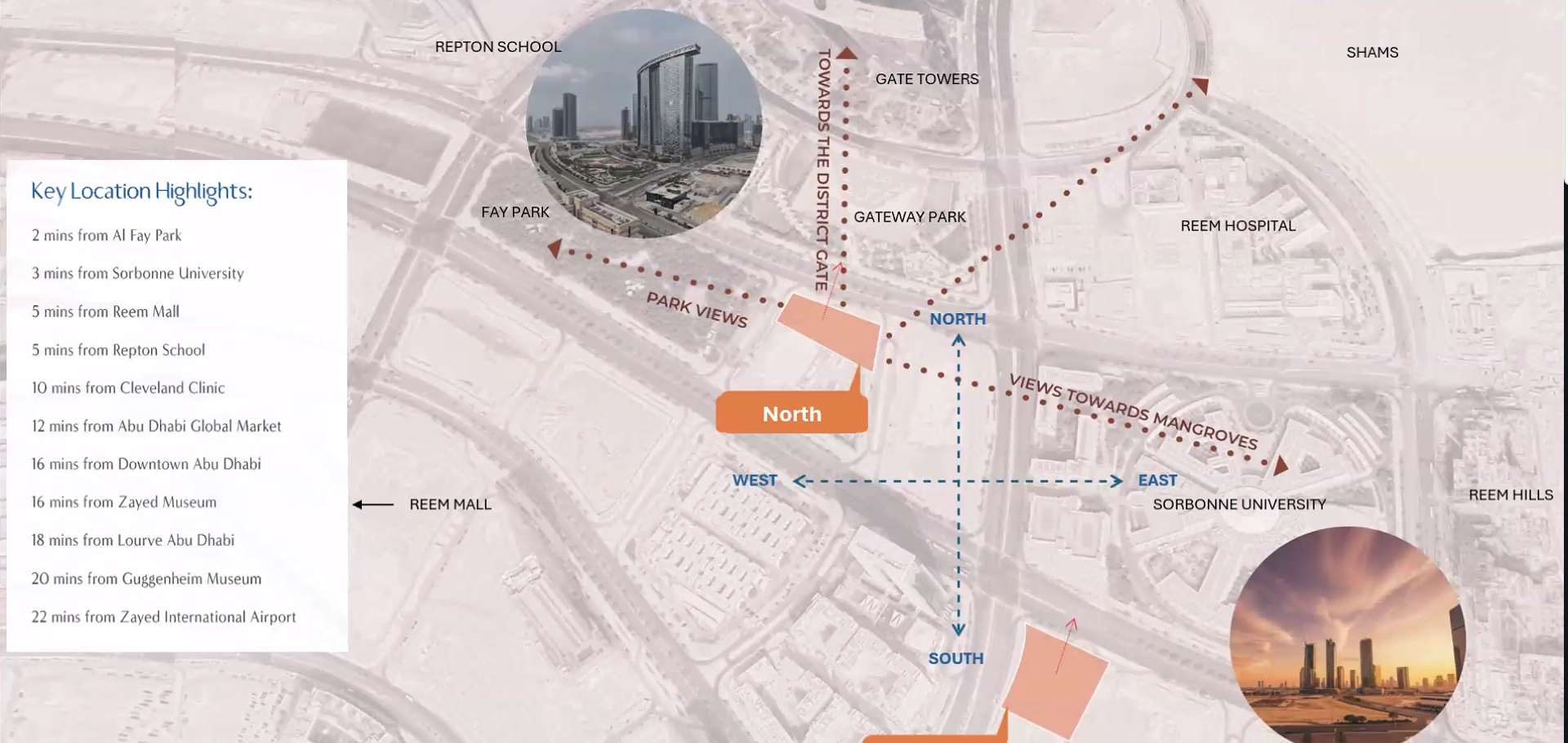 Location map of Rotana Residences Al Reem Island Abu Dhabi highlighting nearby parks, universities, malls, and key city destinations