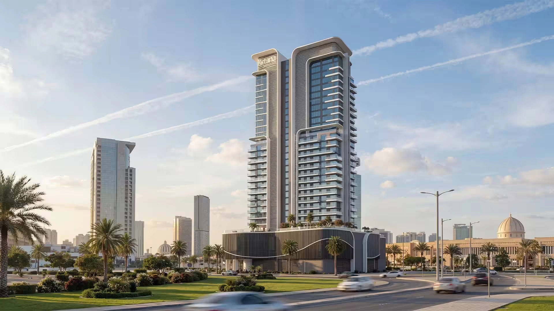 Roadside view of Rotana Residences Al Reem Island Abu Dhabi showcasing modern branded residential towers